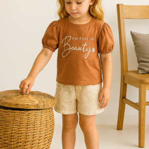 Kız Çocuk Beauty Yazılı - Kısa Kol  Bisiklet Yaka - Tişört  - Kot Şortlu Takım - Almira Bebek