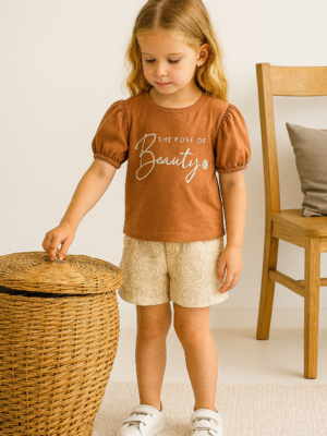 Kız Çocuk Beauty Yazılı - Kısa Kol  Bisiklet Yaka - Tişört  - Kot Şortlu Takım - Almira Bebek