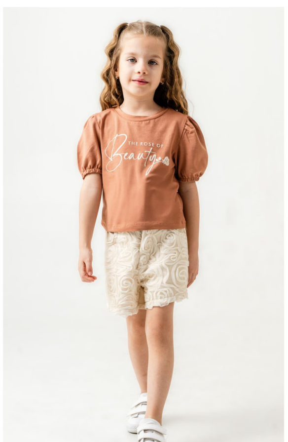 Kız Çocuk Beauty Yazılı - Kısa Kol  Bisiklet Yaka - Tişört  - Kot Şortlu Takım - 2. görsel