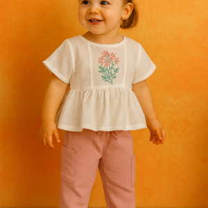 Kız Çocuk Çiçek Nakışlı Müslin Kumaşlı Gömlek  -  Uzun Bol Paça Pantolunlu Takım - Almira Bebek