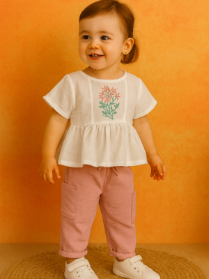 Kız Çocuk Çiçek Nakışlı Müslin Kumaşlı Gömlek  -  Uzun Bol Paça Pantolunlu Takım - Almira Bebek