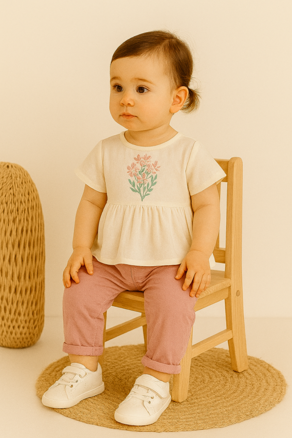 Kız Çocuk Çiçek Nakışlı Müslin Kumaşlı Gömlek  -  Uzun Bol Paça Pantolunlu Takım - 2. görsel