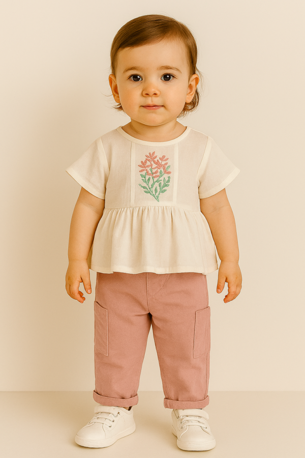 Kız Çocuk Çiçek Nakışlı Müslin Kumaşlı Gömlek  -  Uzun Bol Paça Pantolunlu Takım - 3. görsel