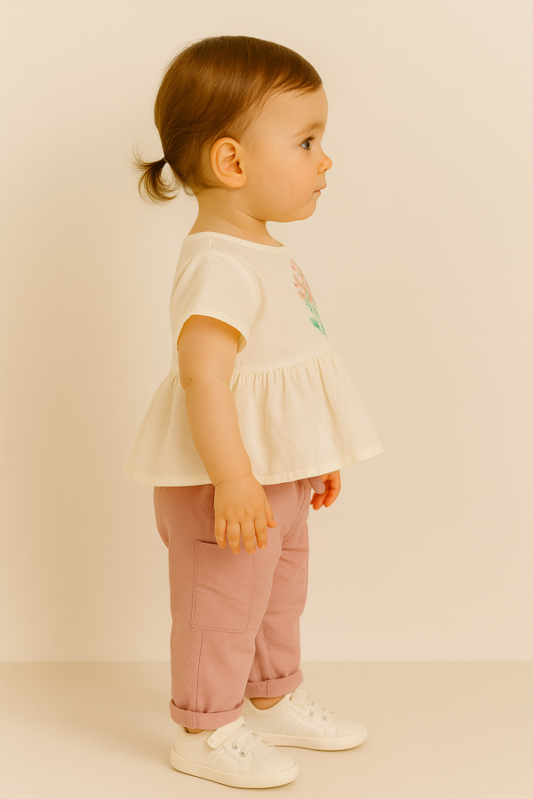 Kız Çocuk Çiçek Nakışlı Müslin Kumaşlı Gömlek  -  Uzun Bol Paça Pantolunlu Takım - 5. görsel