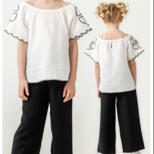 Kız Çocuk Ekru Renk - Geniş Yaka - Kolları Çiçek Nakışlı -pantolunlu Takım - Almira Bebek