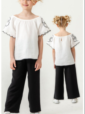 Kız Çocuk Ekru Renk - Geniş Yaka - Kolları Çiçek Nakışlı -pantolunlu Takım - Almira Bebek