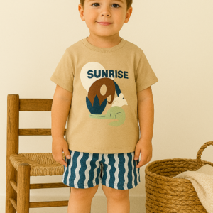 Erkek Çocuk Hayvan Figürlü - Sunrıse Yazılı - Kısakollu - Tişörtlü   - Şortlu Takım - Almira Bebek