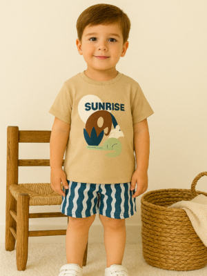 Erkek Çocuk Hayvan Figürlü - Sunrıse Yazılı - Kısakollu - Tişörtlü   - Şortlu Takım - Almira Bebek