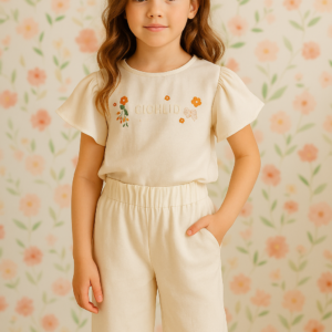 Kız Çocuk Cıchlıd Yazılı - Çiçekli - Keten Tişörtlü Pantolon Takım - Almira Bebek