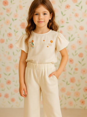 Kız Çocuk Cıchlıd Yazılı - Çiçekli - Keten Tişörtlü Pantolon Takım - Almira Bebek