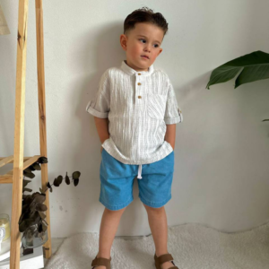Erkek Çocuk Önden Düğmeli   - Müslin Gmlekli - Kot Şortlu Takım - Almira Bebek