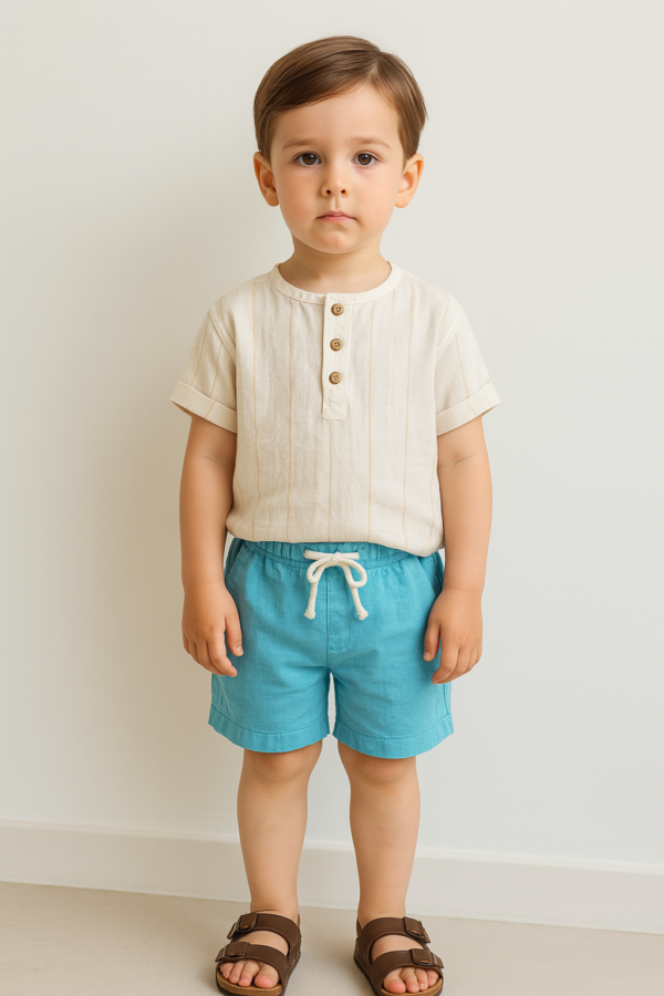 Erkek Çocuk Önden Düğmeli   - Müslin Gmlekli - Kot Şortlu Takım - 2. görsel