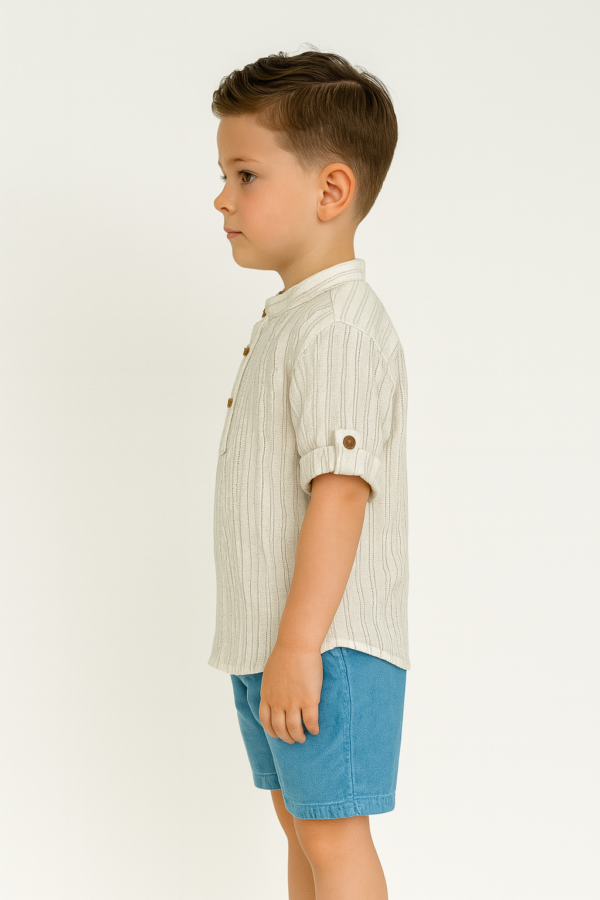 Erkek Çocuk Önden Düğmeli   - Müslin Gmlekli - Kot Şortlu Takım - 3. görsel