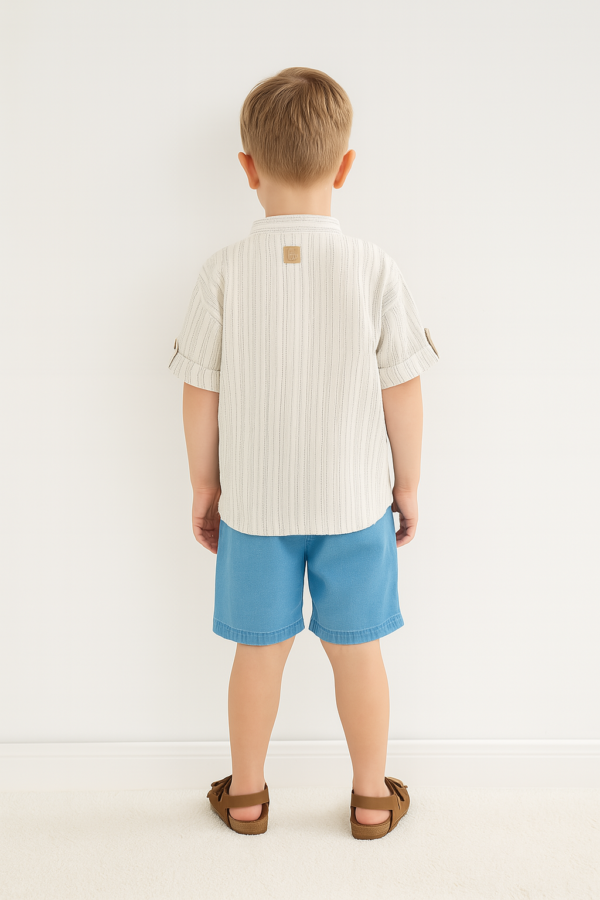 Erkek Çocuk Önden Düğmeli   - Müslin Gmlekli - Kot Şortlu Takım - 4. görsel