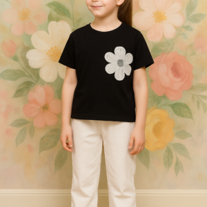 Kız Çocuk Siyah Renk - Çiçek Işlemeli - Kısa Kollu - Tişörtlü -  -bol Paça Keten Pantolonlu Takım - Almira Bebek