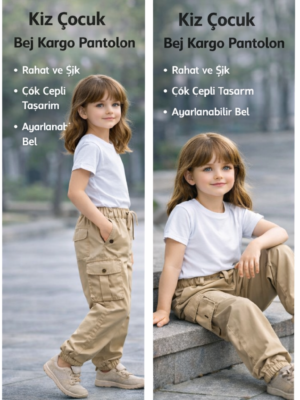 Kız Çocuk Bel Kısmı Lastiklki Bağcıklı Kargo Cepli Bilek Kısmı Lastikli Pantolon - Almira Bebek
