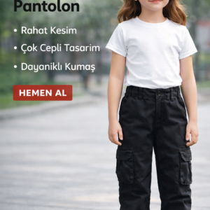 Kız Çocuk Siyah Renk - Kargo Cepli - Bol Paça Keten Pantolon - Almira Bebek