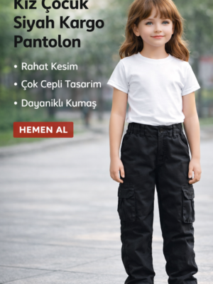 Kız Çocuk Siyah Renk - Kargo Cepli - Bol Paça Keten Pantolon - Almira Bebek