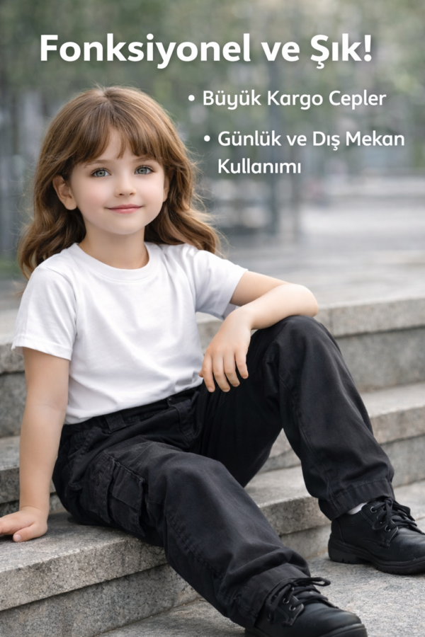 Kız Çocuk Siyah Renk - Kargo Cepli - Bol Paça Keten Pantolon - 2. görsel