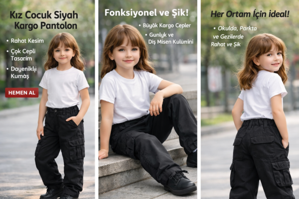 Kız Çocuk Siyah Renk - Kargo Cepli - Bol Paça Keten Pantolon - 3. görsel