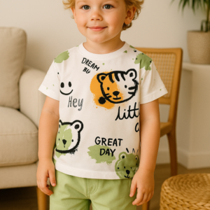 Erkek Çocuk Kedi Kafa Baskılı Kısa Kollu - Şortlu Yeşil Renk Takım - Almira Bebek