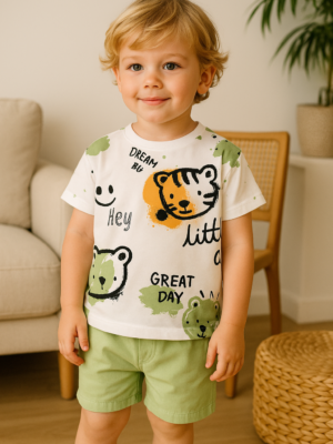 Erkek Çocuk Kedi Kafa Baskılı Kısa Kollu - Şortlu Yeşil Renk Takım - Almira Bebek