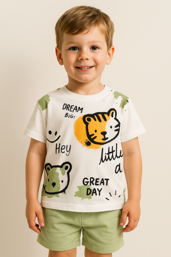 Erkek Çocuk Kedi Kafa Baskılı Kısa Kollu - Şortlu Yeşil Renk Takım - 2. görsel