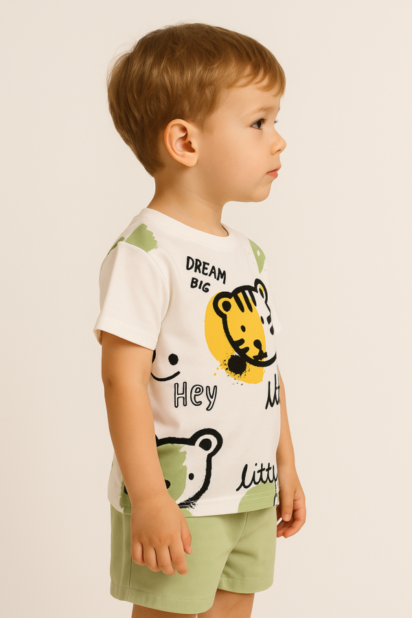 Erkek Çocuk Kedi Kafa Baskılı Kısa Kollu - Şortlu Yeşil Renk Takım - 3. görsel