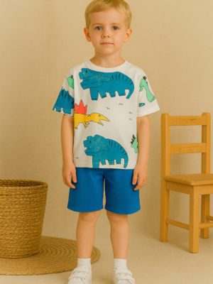 Erkek Çocuk Dinazor Baskılı Kısa Kol Tişörtlü - Şortlu Takım - Almira Bebek