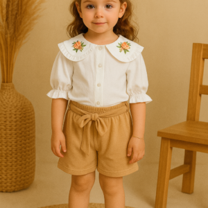 Kız Çocuk Önden Düğneli - Yaka Kısmı Çiçek Nakışlı - Kısa Kollu Gömlekli - Şortlu Takım - Almira Bebek