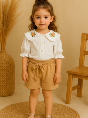 Kız Çocuk Önden Düğneli - Yaka Kısmı Çiçek Nakışlı - Kısa Kollu Gömlekli - Şortlu Takım - Almira Bebek