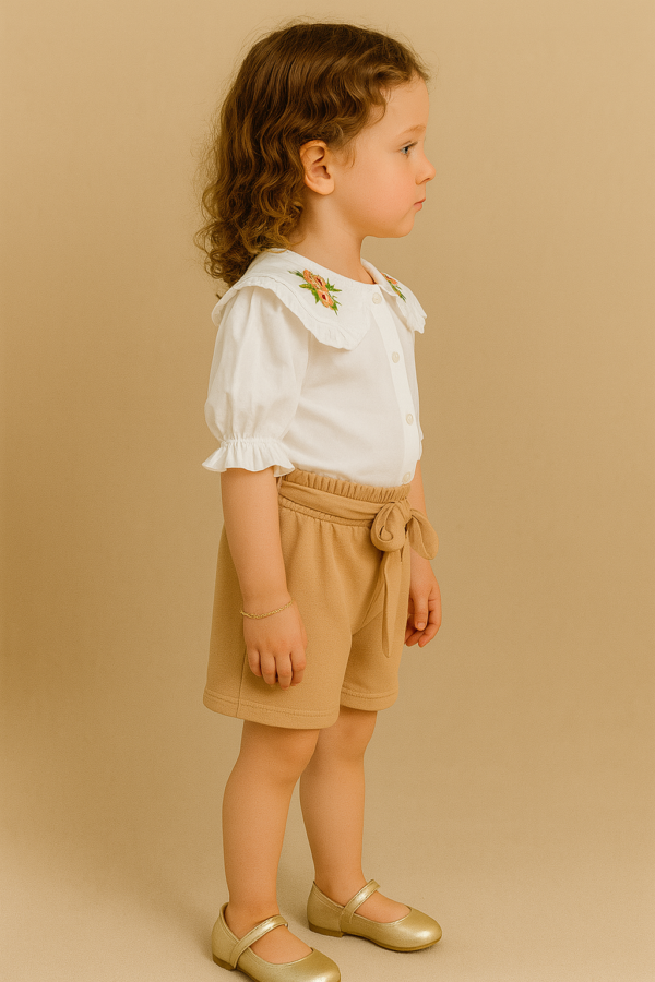 Kız Çocuk Önden Düğneli - Yaka Kısmı Çiçek Nakışlı - Kısa Kollu Gömlekli - Şortlu Takım - 3. görsel