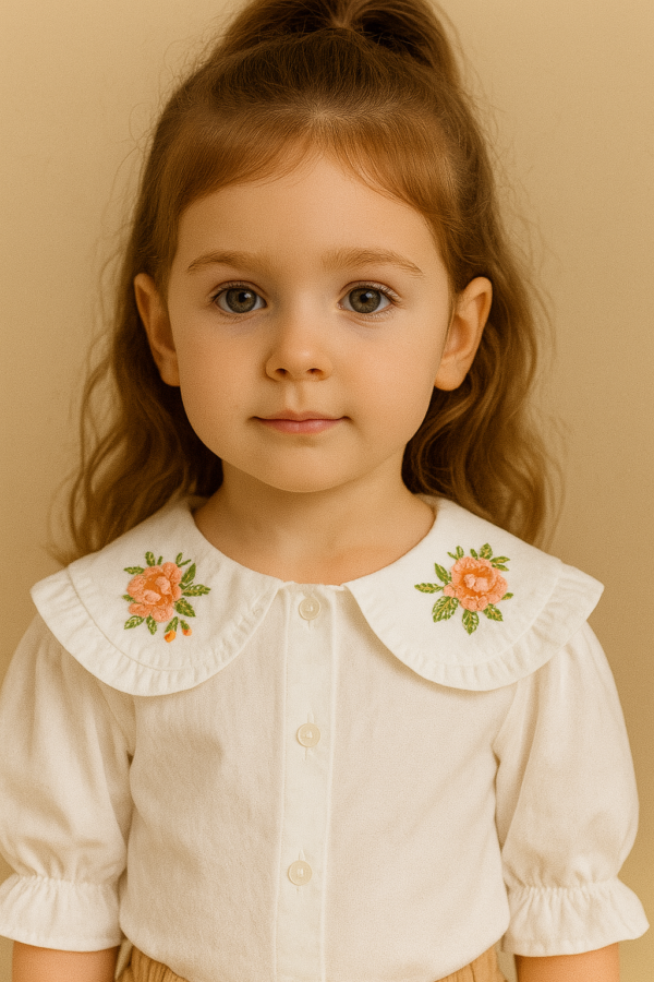 Kız Çocuk Önden Düğneli - Yaka Kısmı Çiçek Nakışlı - Kısa Kollu Gömlekli - Şortlu Takım - 4. görsel