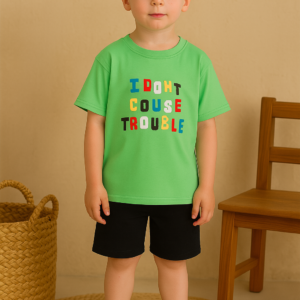 Erkek Çocuk İ Dont Couse Trouble Yazılı Yeşil Renkli Kısa Kollu Tişörtlü Şortlu Takım - Almira Bebek