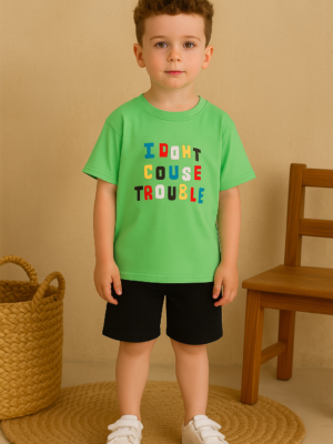 Erkek Çocuk İ Dont Couse Trouble Yazılı Yeşil Renkli Kısa Kollu Tişörtlü Şortlu Takım - Almira Bebek