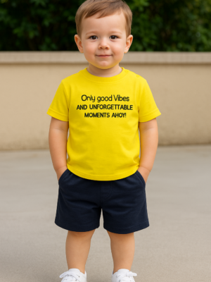 Erkek Çocuk Only Good Vibes Yazılı Sarı Renk - Kısa Kollu - Şortlu Takım - Almira Bebek