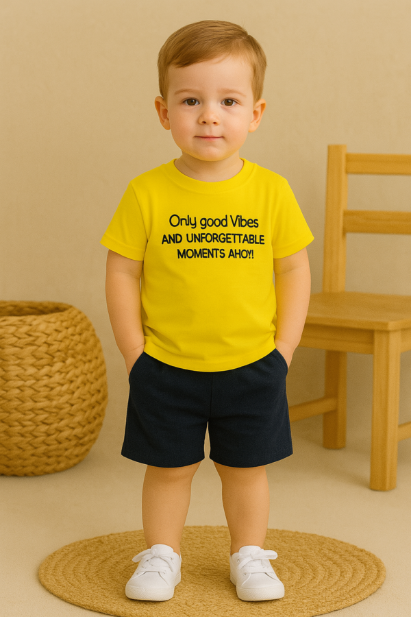 Erkek Çocuk Only Good Vibes Yazılı Sarı Renk - Kısa Kollu - Şortlu Takım - 3. görsel