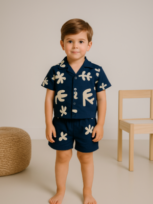 Erkek Çocuk Yaprak Desenli - Önden Düğmeli - Kısa Kollu Gömlekli - Şortlu Müslin Takım - Almira Bebek
