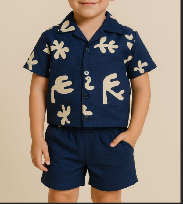 Erkek Çocuk Yaprak Desenli - Önden Düğmeli - Kısa Kollu Gömlekli - Şortlu Müslin Takım - 2. görsel