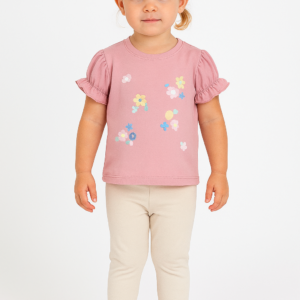 Kız Çocuk Çiçek Baskılı - Simli - Kısa Kol Tişörtlü Taytlı Takım - Almira Bebek