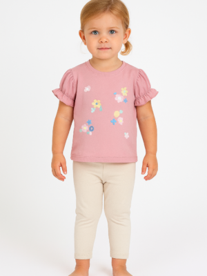 Kız Çocuk Çiçek Baskılı - Simli - Kısa Kol Tişörtlü Taytlı Takım - Almira Bebek