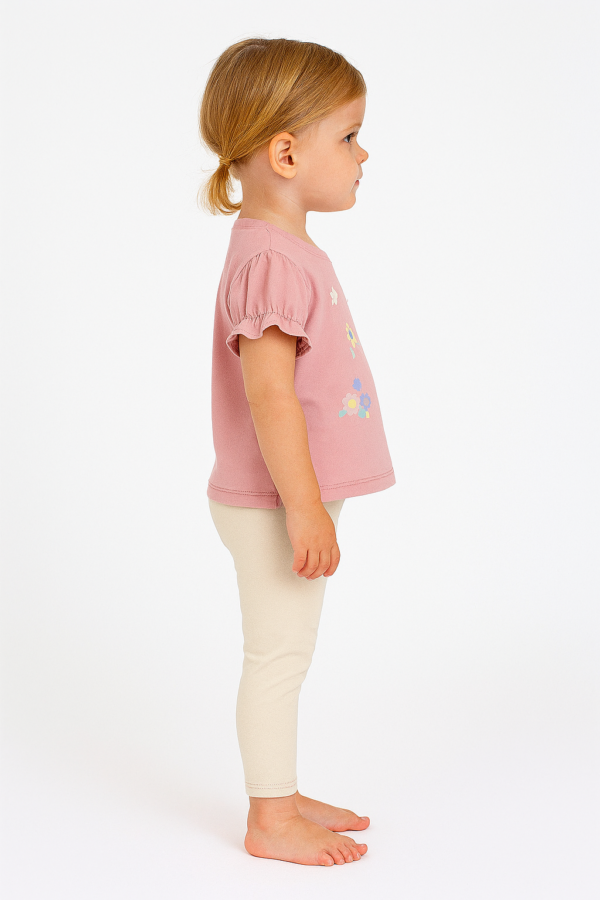 Kız Çocuk Çiçek Baskılı - Simli - Kısa Kol Tişörtlü Taytlı Takım - 2. görsel