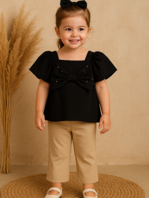 Kız Çocuk Fiyonk Detaylı Siyah Renk Kısa Kollu Tişörtlü Taytlı Takım - Almira Bebek