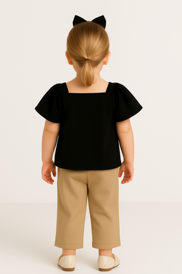 Kız Çocuk Fiyonk Detaylı Siyah Renk Kısa Kollu Tişörtlü Taytlı Takım - 2. görsel