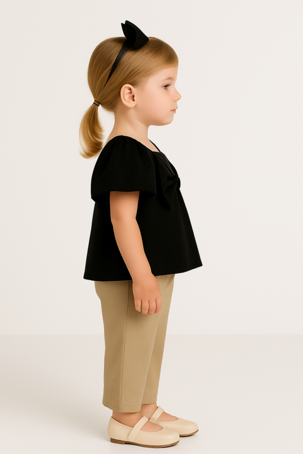 Kız Çocuk Fiyonk Detaylı Siyah Renk Kısa Kollu Tişörtlü Taytlı Takım - 3. görsel