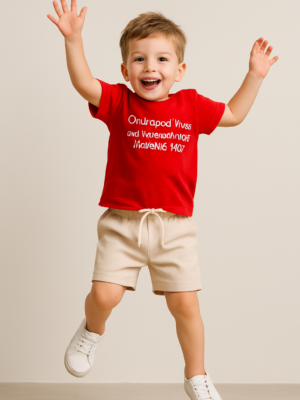 Erkek Çocuk Only Good Vibes Yazılı Kırmızı Renk - Kısa Kollu Tişörtlü -  Şort Takım - Almira Bebek