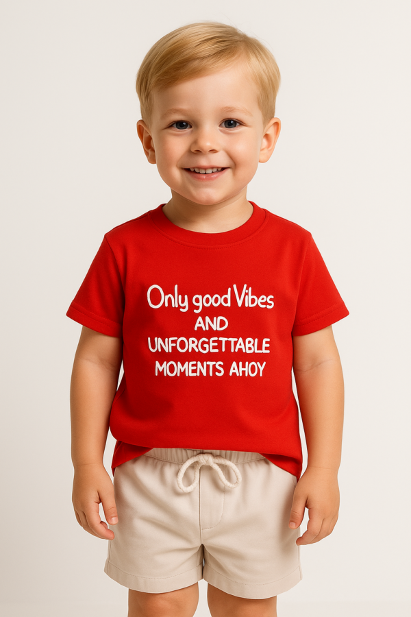 Erkek Çocuk Only Good Vibes Yazılı Kırmızı Renk - Kısa Kollu Tişörtlü -  Şort Takım - 2. görsel