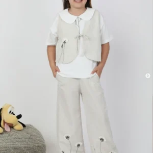 Kız Çocuk Çiçek Nakışlı  Keten  Bağcıklı  Yelek  Bol Paça  Pantolon Takım - Almira Bebek