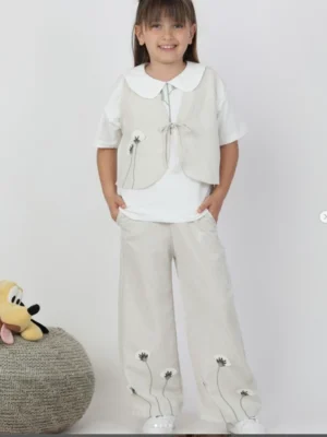 Kız Çocuk Çiçek Nakışlı  Keten  Bağcıklı  Yelek  Bol Paça  Pantolon Takım - Almira Bebek