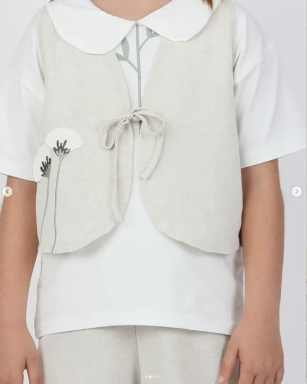 Kız Çocuk Çiçek Nakışlı  Keten  Bağcıklı  Yelek  Bol Paça  Pantolon Takım - 3. görsel